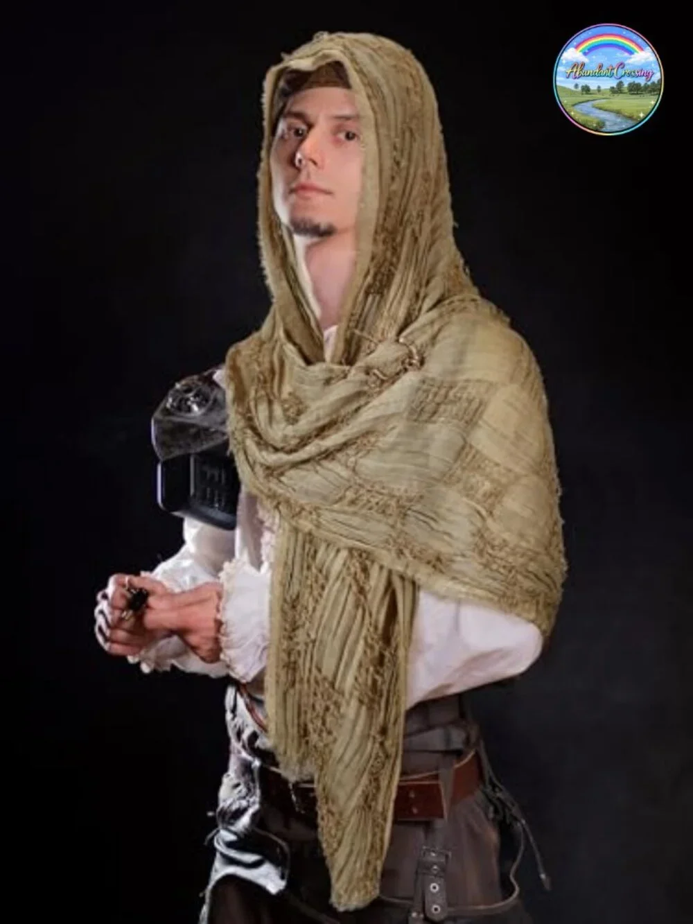 Medieval Scarf Cowl with Viking Brooch, Wrap Shawl Renaissance Costume Hooded